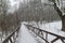 Winter landscape with a footbridge at the bottom of the ravine