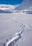 Winter landscape, footprints path in snow valley in bright sunny day