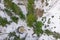 Winter landscape in the forest, drone. Glacial potholes in Askol, Finland. Women in the forest.