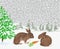Winter landscape forest with snow with a branch of a tree and rabbits christmas theme natural background vintage vector illustrati