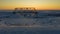 Winter Landscape of the forest-tundra, railway bridge, bird`s eye view at sunset. Arctic Circle, tundra. Beautiful landscape of