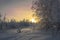 Winter landscape. A frosty evening in a snowy winter forest. Nature of the Far North