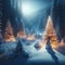 Winter landscape of a frozen forest and lonely snowman, with Christmas tree and glowing lights, Generative AI