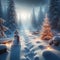 Winter landscape of a frozen forest and lonely snowman, with Christmas tree and glowing lights, Generative AI