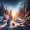 Winter landscape of a frozen forest and lonely snowman, with Christmas tree and glowing lights, Generative AI