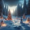 Winter landscape of a frozen forest and lonely snowman, with Christmas tree and glowing lights, Generative AI