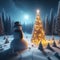 Winter landscape of a frozen forest and lonely snowman, with Christmas tree and glowing lights, Generative AI