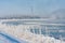 Winter landscape with frozen lake and reed covered with hoarfrost