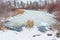 Winter landscape of frozen marsh with reeds and willows