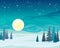 Winter landscape - full moon, forest and starry sky.