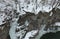 Winter landscape. Granite cliff with icicles.