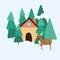 Winter landscape with a house and a dear in the forest. Moder flat design