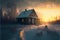 Winter landscape with house and forest at sunset, generative AI