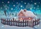 Winter landscape with house, snowman, Christmas trees, snowflakes, starry sky, snow and lights in vector. Happy New Year