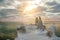 Winter landscape. Icy pier and huge ice growths and a man sitting on the end of the pier.