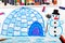 Winter landscape, igloo and snowman