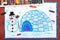 Winter landscape, igloo and snowman