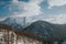 Winter landscape of the Italian Alps, near Sestriere, larch trees foreground