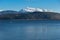 Winter Landscape of Lake Pamvotida and Pindus mountain from city of Ioannina, Epirus, Greece