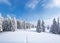 Winter landscape. Lawn covered with snow. High mountains with snow. Snowy background. Location place the