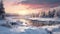 Winter Landscape In Longueuil: A Photorealistic Image Of Snowdrifts, River, Trees, And Sunset