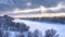 Winter landscape, Moscow, Russia. Scenery of frozen Moskva River covered ice and snow. Panoramic view of city under dramatic sky