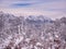 Winter landscape with mountain peaks covered in snow. Beautiful view with Bucegi Mountains part of the Carpathian Mountains, in