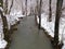 Winter landscape, mountain stream in the woods, snow idyll, snow-covered shores