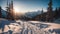 winter landscape in the mountains snowy path leading to the sun