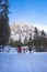 Winter landscape near Green lake Grunner see, famous tourist destination for walking and trekking in Styria region, Austria