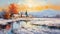 Winter Landscape Painting: Cozy Cottages And Serene River