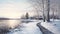 Winter Landscape Painting Of Snowy Path By Lake In Saint-hyacinthe