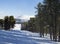 Winter landscape. Panorama of Altai Mountains. Cedar forest.