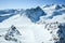 Winter landscape - Panorama of the ski resort with ski slopes. Alps. Austria. Pitztaler Gletscher. Wildspitzbahn