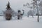 Winter landscape photo. Morning frozen with white trees and bushes. Monument of the Founders of Kyiv at the background.