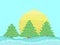 Winter landscape in pixel art style. 8 bit sun and snow-covered hills with fir trees. Snowy wavy landscape. Design for prints and