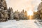 Winter landscape in the Polish mountains of the Sudetes, a crossroads on a walking trail.