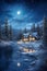 Winter landscape with a quaint cabin by a stream, surrounded by snow covered trees under a moonlit night. Generative AI