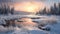 Winter Landscape In Quebec: Serene Sunset Over Snowy River