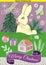 Winter landscape with rabbit and Christmas vector elements, house, trees, gifts, stars and banner