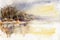 Winter landscape. The river. Drawing in watercolor.