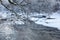 Winter landscape by a river with hoarfrost on the trees