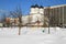 Winter landscape. Saint Sergius of Radonezh cathedral in Khodynka Field Park. Moscow, Russia