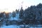 Winter landscape,sky with long shadows,Pine trees covered with snow.Beautiful winter panorama - Image