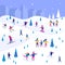 Winter landscape with small people, men and women, children and family. Vector scene with skiing, skating, snowboarding. Flat