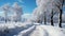 Winter landscape snow covered forest, tranquil, sunlight, blue sky, frozen branches generated by AI