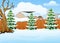 Winter landscape with snow covered house and fir tree