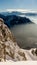 Winter landscape of snow covered mountains with fog in sunset. Rochers de Naye in Switzerland