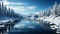 Winter landscape snow covered mountains, frozen lake, tranquil reflection generated by AI