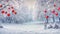 Winter landscape with snow-covered trees and lanterns. Christmas background.